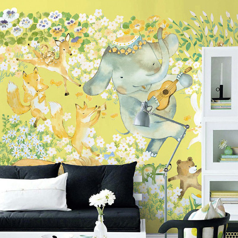 Cartoon Animal Orchestra Wall Murals Childrens Art Smooth Wall Decoration in Purple