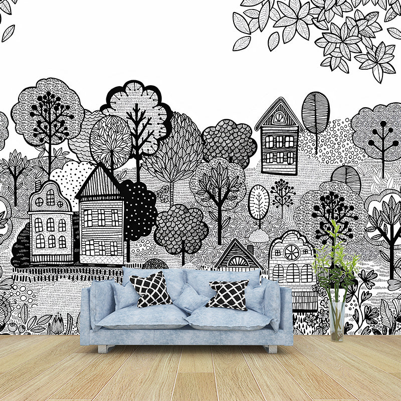 Log Cabin Murals Wallpaper Grey and White Childrens Art Wall Decor for Playroom