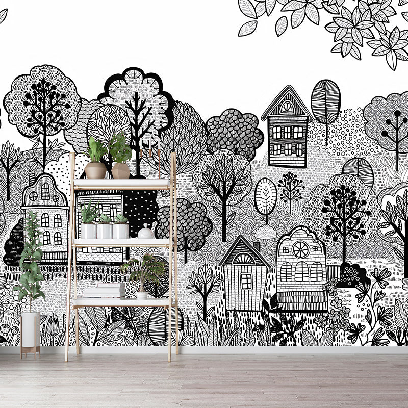 Log Cabin Murals Wallpaper Grey and White Childrens Art Wall Decor for Playroom