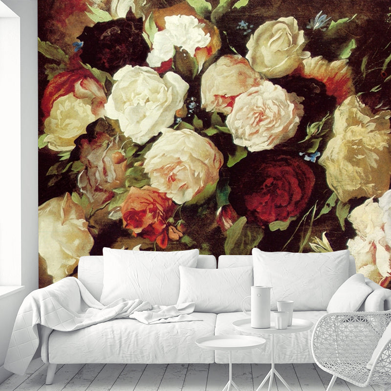 Flower Peonies Wall Covering Mural Classic Non-Woven Wall Covering in White and Green