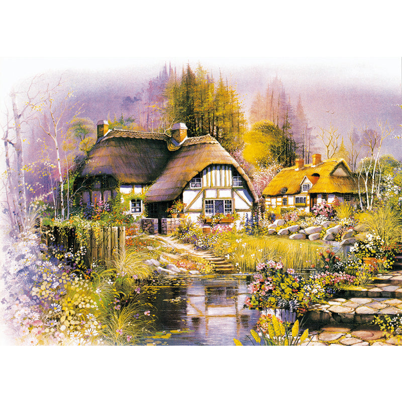 Village House Drawing Wall Murals Brown-Green-Yellow Stain Proof Wall Decoration