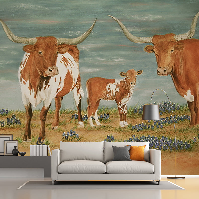 Rustic Milk Cow Painting Murals Brown Animal Wall Covering for Living Room Decoration