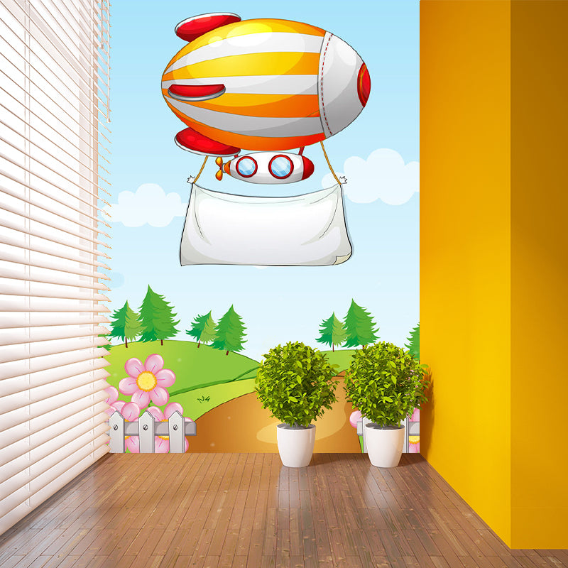 Cartoon Airship Wallpaper Murals Blue-Orange-Yellow Kids Bedroom Wall Decoration, Custom Print