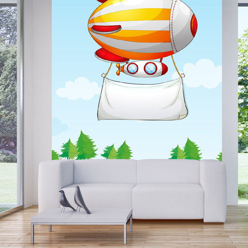 Cartoon Airship Wallpaper Murals Blue-Orange-Yellow Kids Bedroom Wall Decoration, Custom Print