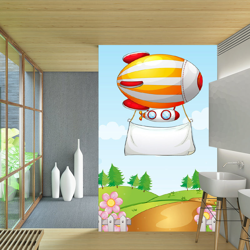 Cartoon Airship Wallpaper Murals Blue-Orange-Yellow Kids Bedroom Wall Decoration, Custom Print