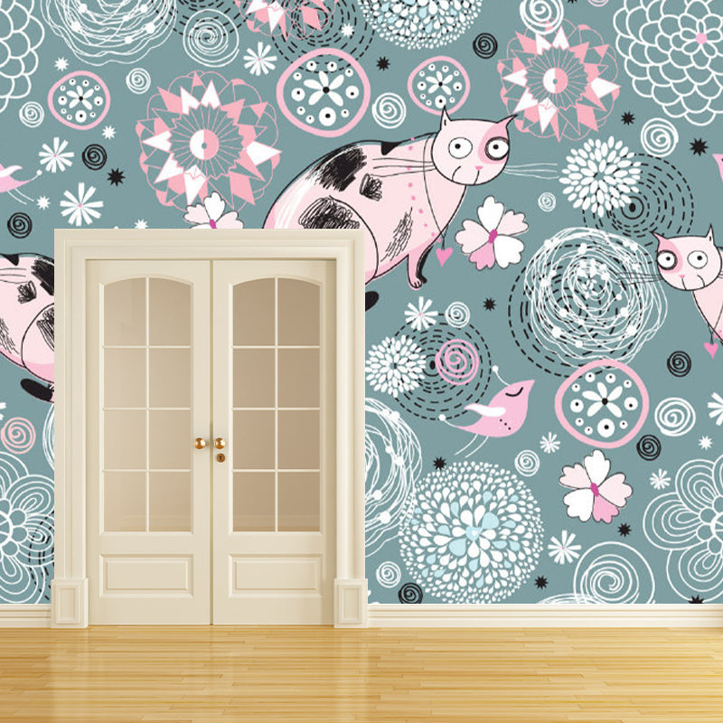 Stain-Resistant Murals Wallpaper Childrens Art Non-Woven Material Wall Decor with Cat and Flower Pattern