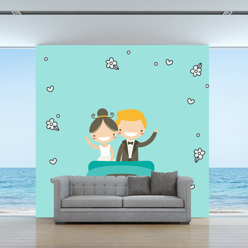 Aqua Couples Pattern Mural Cartoon Childrens Art Stain Resistant Wall Decoration for Bedroom