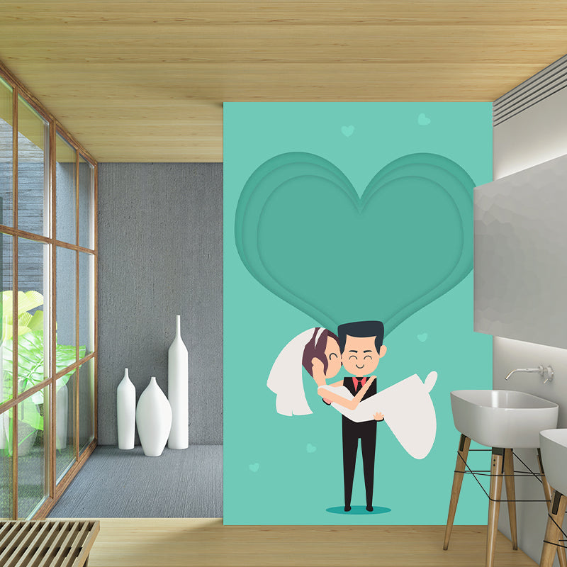 Newlyweds Wall Murals Cartoon Style Stain Resistant Bedroom Wall Decoration, Personalized Size