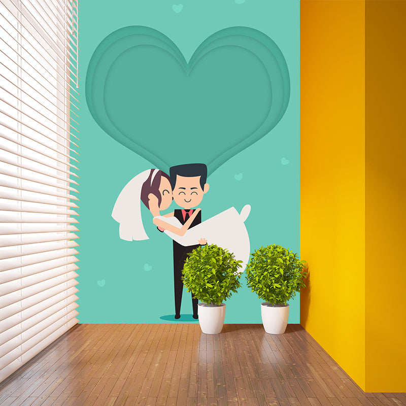 Newlyweds Wall Murals Cartoon Style Stain Resistant Bedroom Wall Decoration, Personalized Size