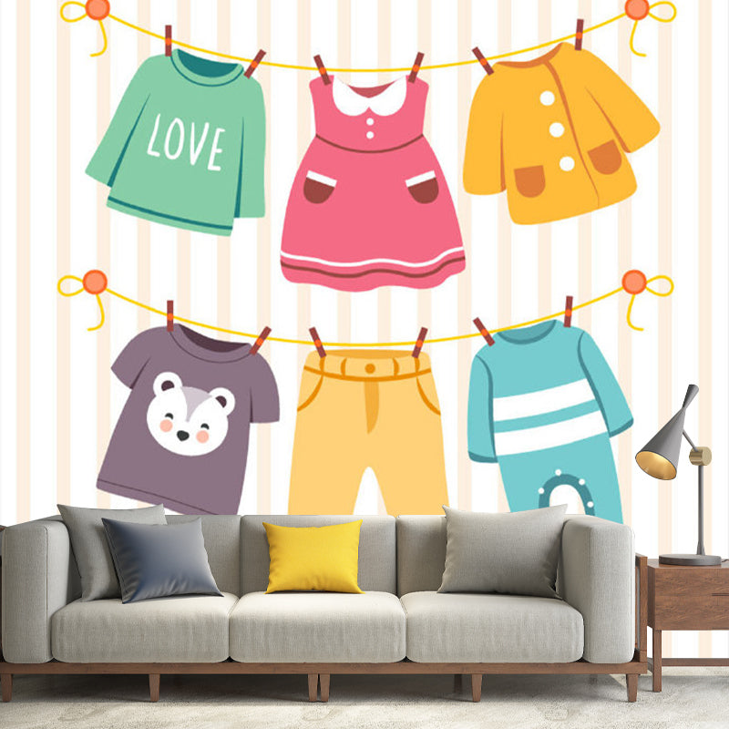 Cartoon Clothes Wall Covering Murals Non-Woven Stain Proof Blue-Yellow-Green Wall Art for Daycare