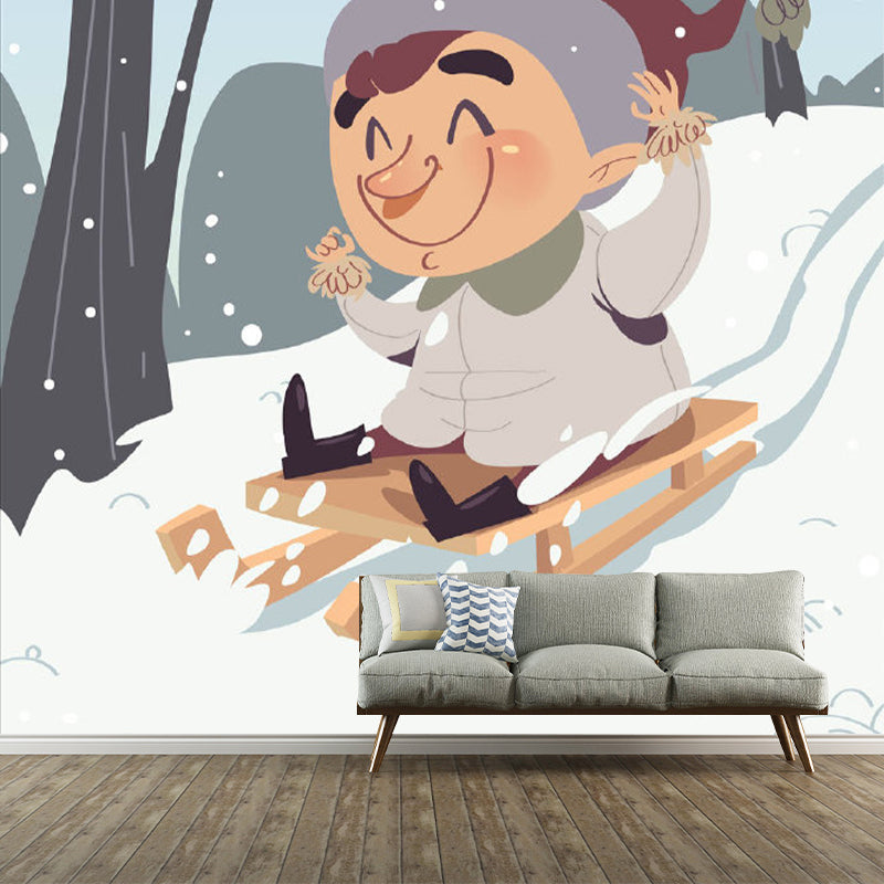 Grey-White Skiing Mural Wallpaper Stain Resistant Wall Covering for Kids Bedroom