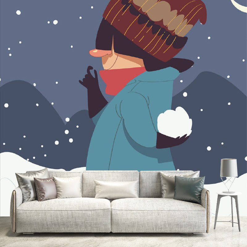 Illustration Snowball Game Murals for Kids Bedroom, Grey and Green, Made to Measure