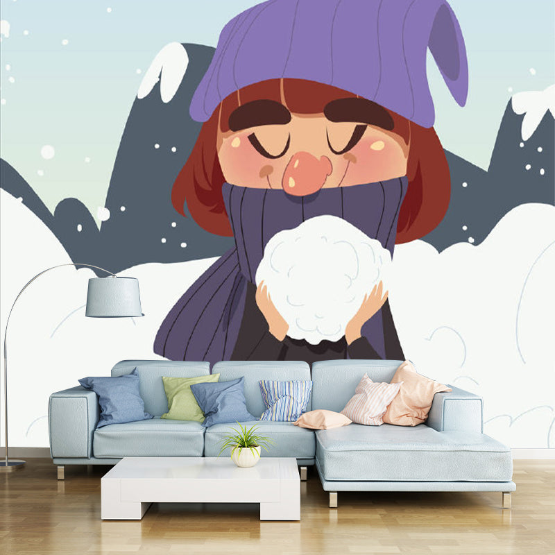 Cartoon Girl in Snow Mural Grey and Purple Childrens Bedroom Wall Decor, Personalized Size