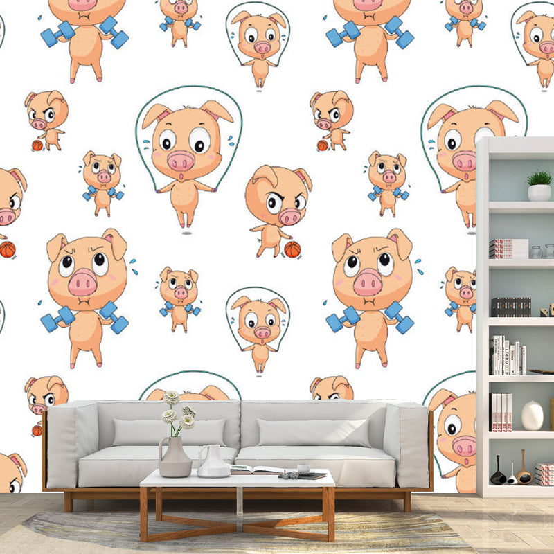 Brown Fitness Piglet Mural Wallpaper Stain-Proof Cartoon Kids Room Wall Art on White