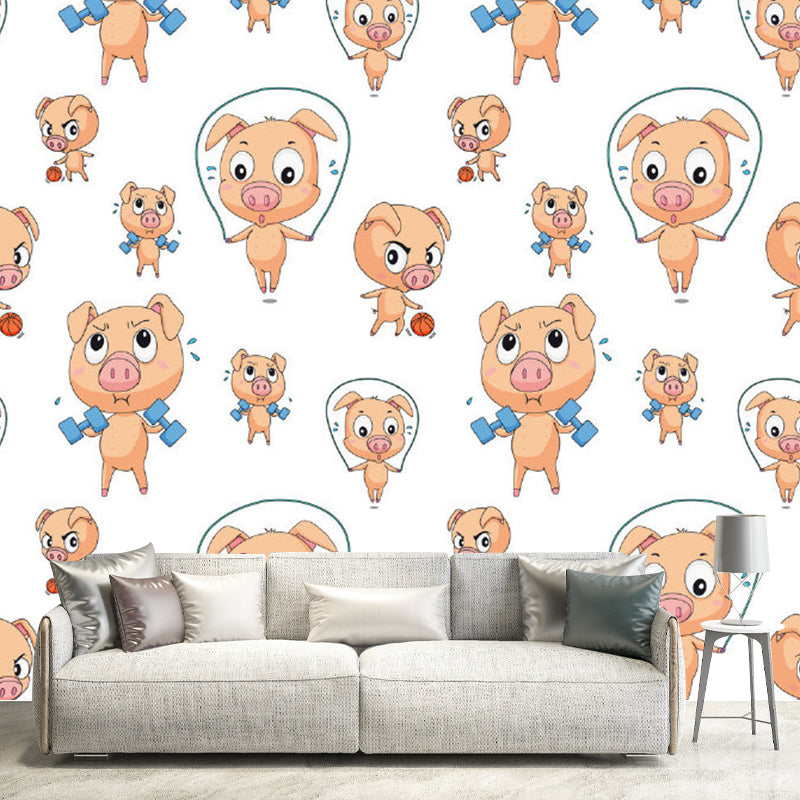 Brown Fitness Piglet Mural Wallpaper Stain-Proof Cartoon Kids Room Wall Art on White