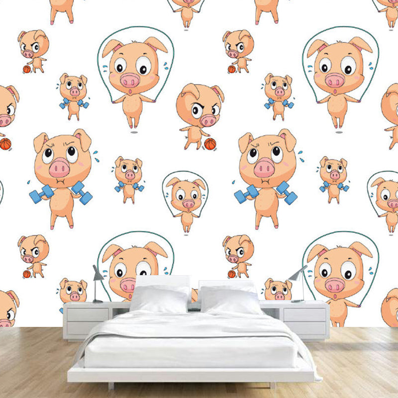 Brown Fitness Piglet Mural Wallpaper Stain-Proof Cartoon Kids Room Wall Art on White