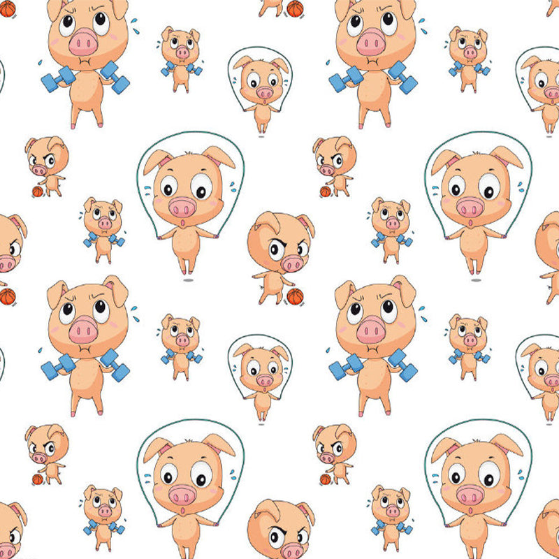 Brown Fitness Piglet Mural Wallpaper Stain-Proof Cartoon Kids Room Wall Art on White