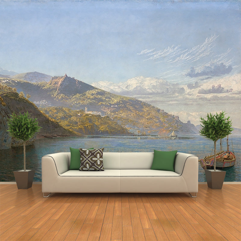 Mountain River Scenery Wall Murals Classic Moisture Resistant Living Room Wall Covering, Blue-Brown