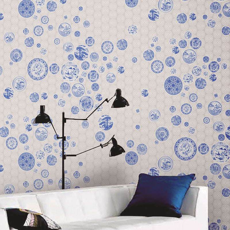 57.1-sq ft Chinoiserie Wallpaper White and Navy Porcelain Pattern Wall Decor for Living Room