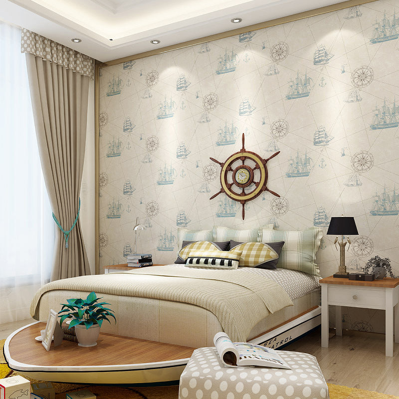 Mediterranean Sailing Ship Wallpaper Pastel Color Nautical Wall Covering for Children's Room