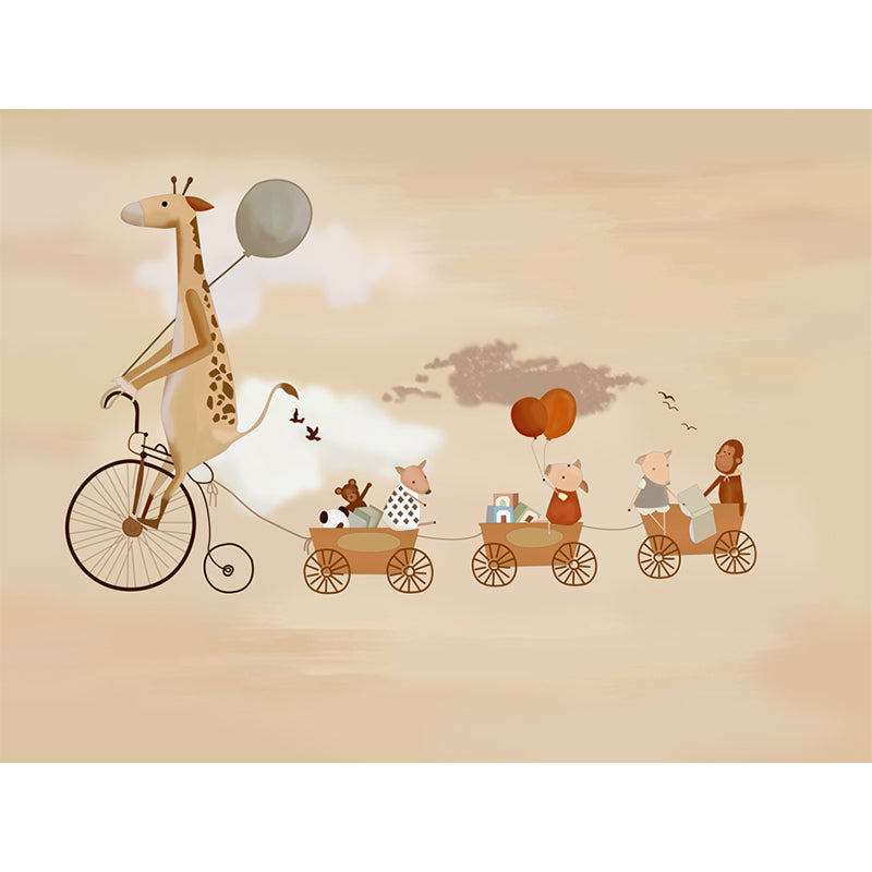 Illustration Animals with Bike Murals Wallpaper for Accent Wall, Brown, Personalised Size