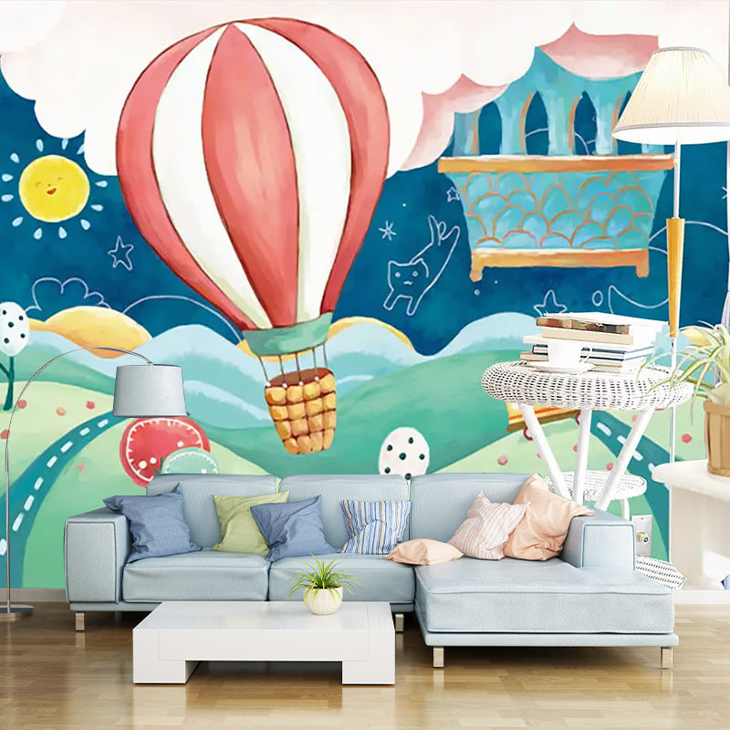 Hot Air Balloon Mural Wallpaper in Pastel Color, Childrens Art Wall Covering for Nursery