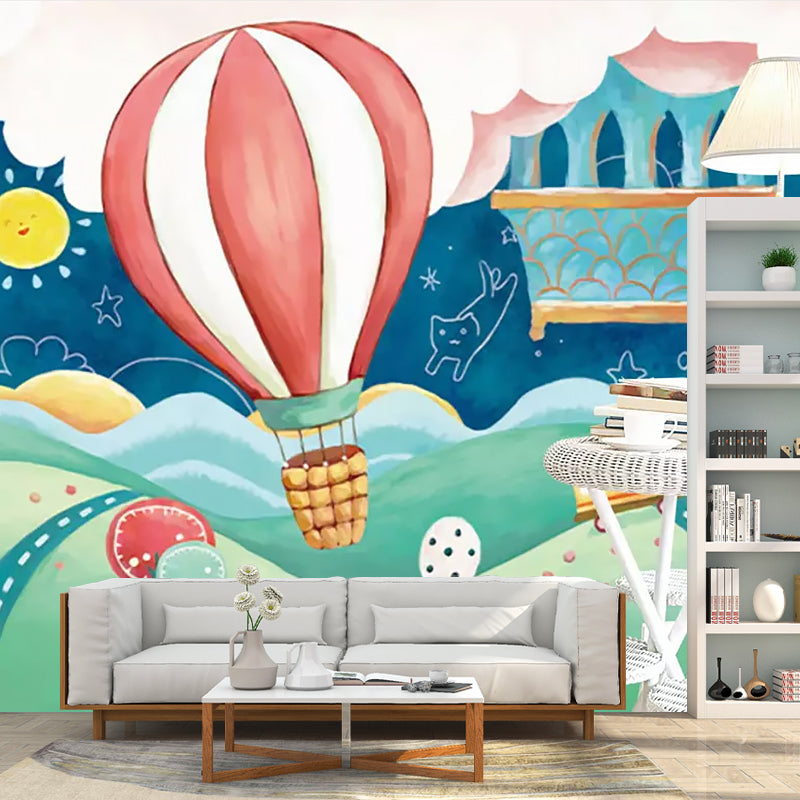 Hot Air Balloon Mural Wallpaper in Pastel Color, Childrens Art Wall Covering for Nursery