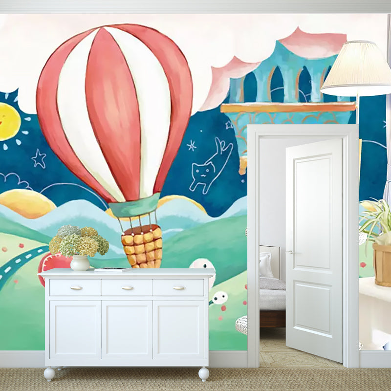 Hot Air Balloon Mural Wallpaper in Pastel Color, Childrens Art Wall Covering for Nursery