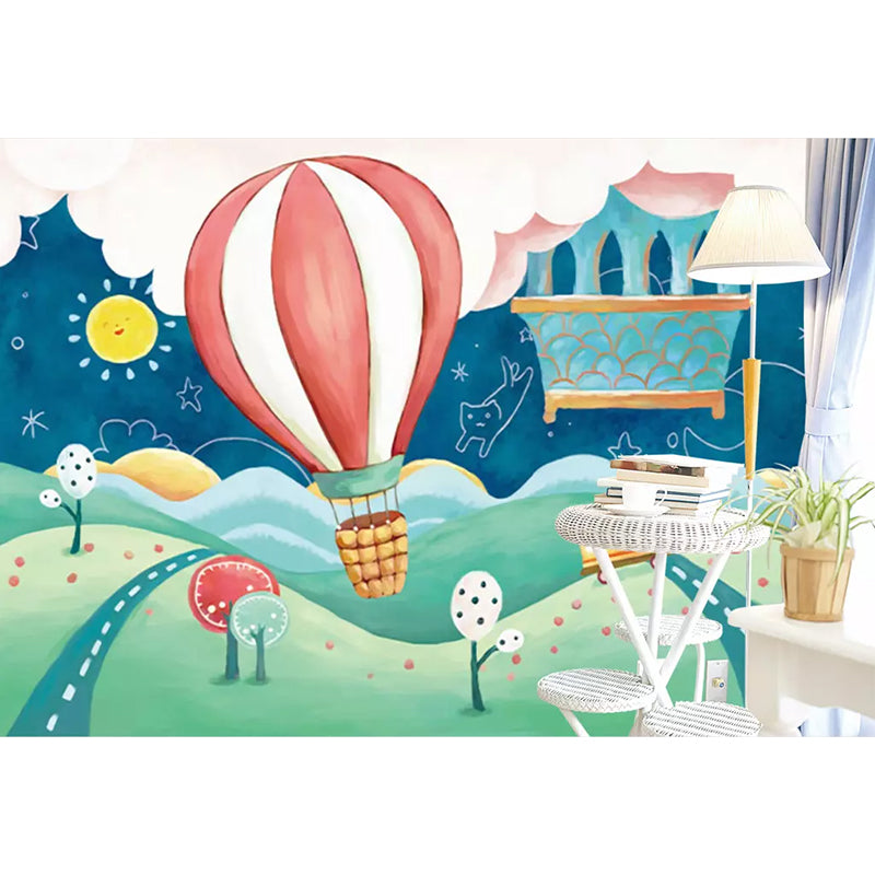 Hot Air Balloon Mural Wallpaper in Pastel Color, Childrens Art Wall Covering for Nursery