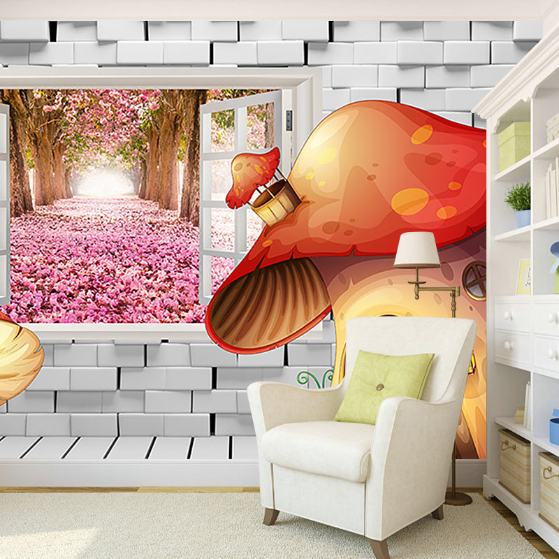 Full Size Mushroom Murals Stain Resistant Childrens Art Bedroom Wall Decor, Orange and Grey