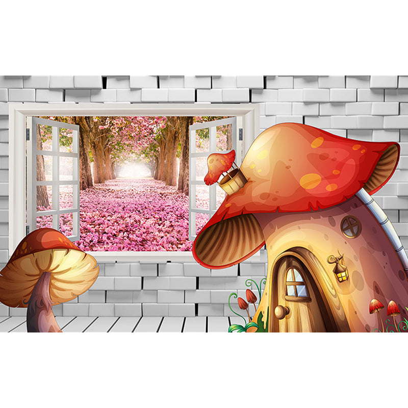 Full Size Mushroom Murals Stain Resistant Childrens Art Bedroom Wall Decor, Orange and Grey