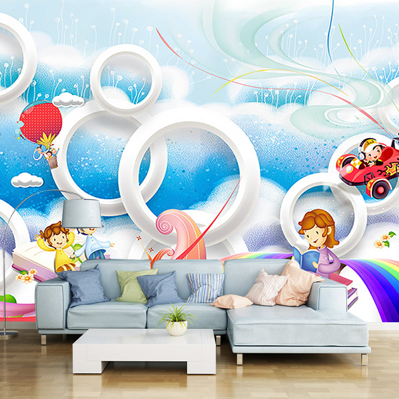 Non-Woven Stain Resistant Murals Childrens Art Adventure Wall Covering, Blue and White