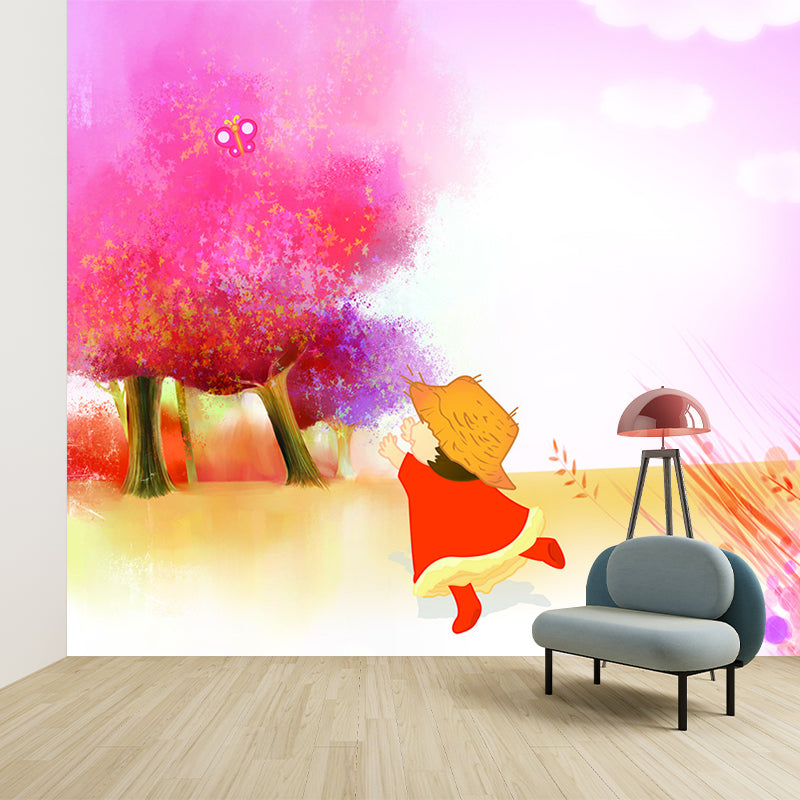 Stain Resistant Wall Paper Murals Cartoon Little Kids and Tree Wall Art, Personalised Size