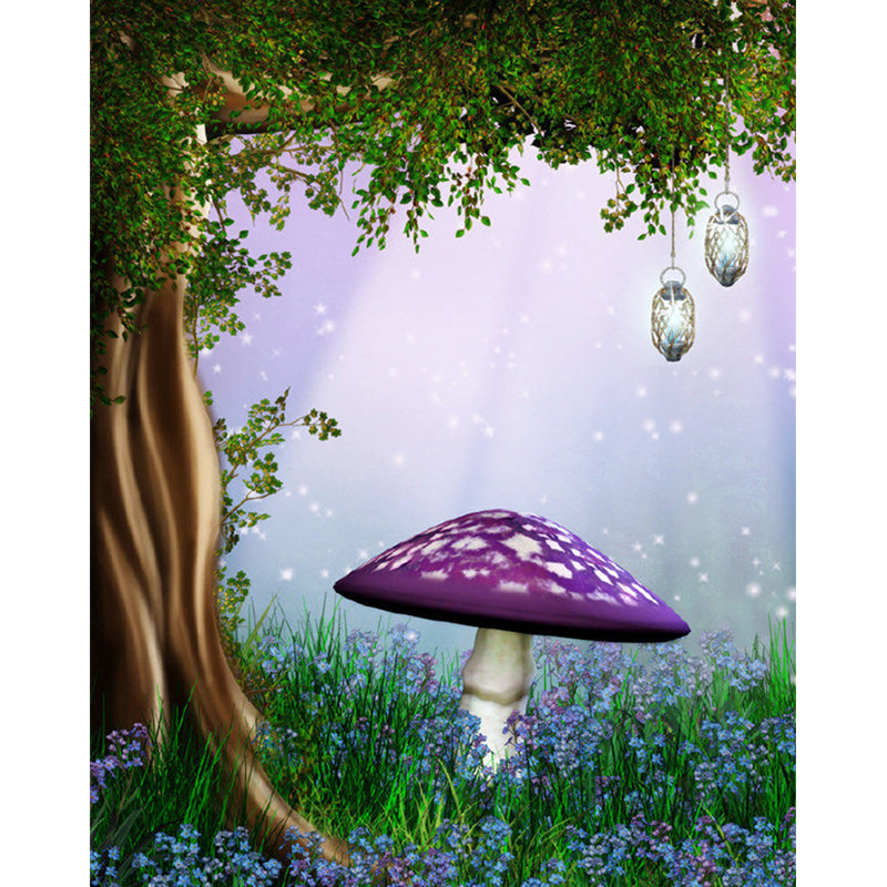 Plant Mushroom and Tree Murals Non-Woven Fabric Stain Resistant Purple and Green Wall Art for Kids Room