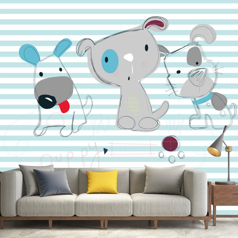 Full Size Stripe Mural Decal for Kids Room Puppy Patterned Wall Covering in Grey-Blue, Waterproof