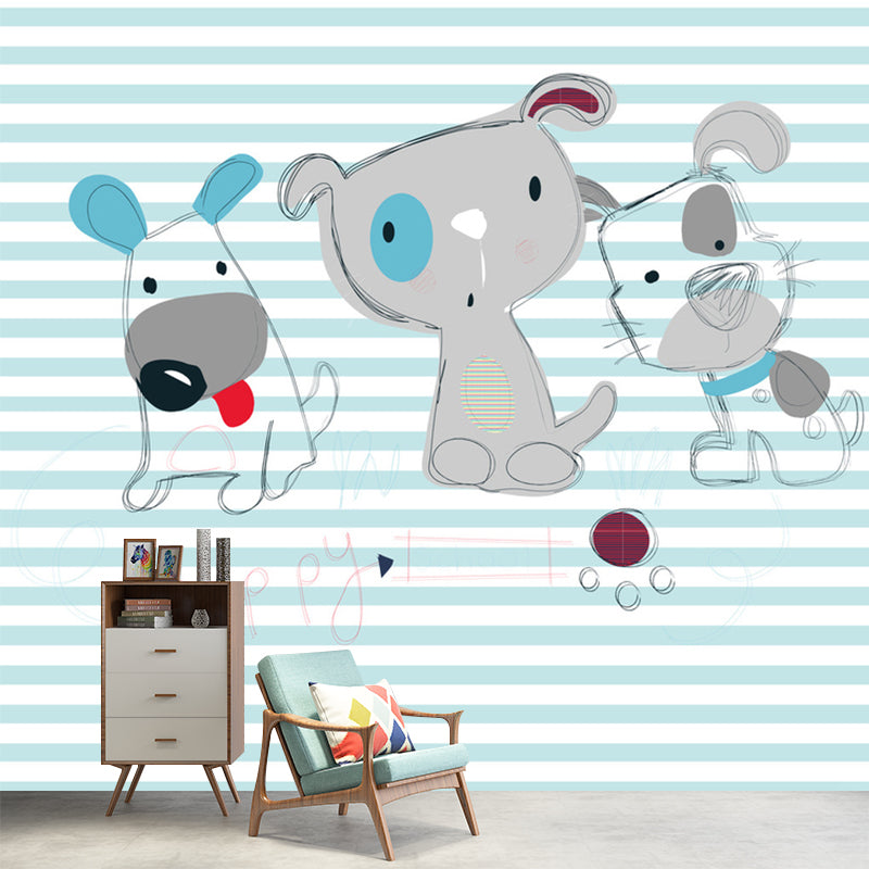 Full Size Stripe Mural Decal for Kids Room Puppy Patterned Wall Covering in Grey-Blue, Waterproof