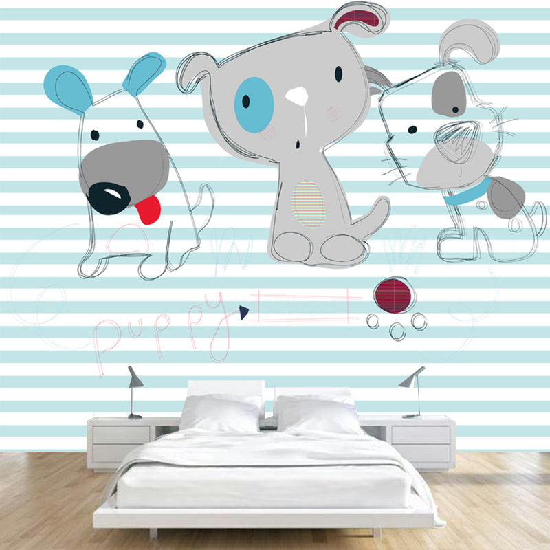 Full Size Stripe Mural Decal for Kids Room Puppy Patterned Wall Covering in Grey-Blue, Waterproof