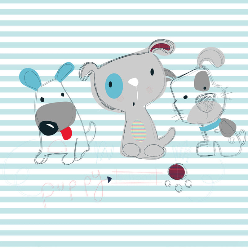 Full Size Stripe Mural Decal for Kids Room Puppy Patterned Wall Covering in Grey-Blue, Waterproof