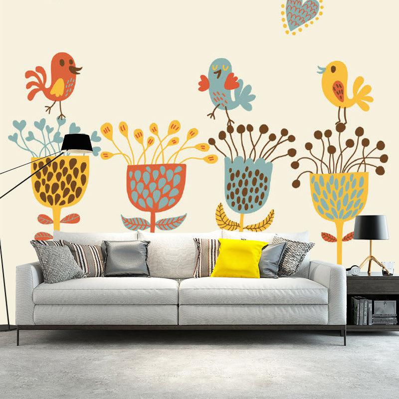 Childrens Art Baby Murals with Bird and Flower Drawing Pattern Blue-Yellow-Green Wall Decor for Home