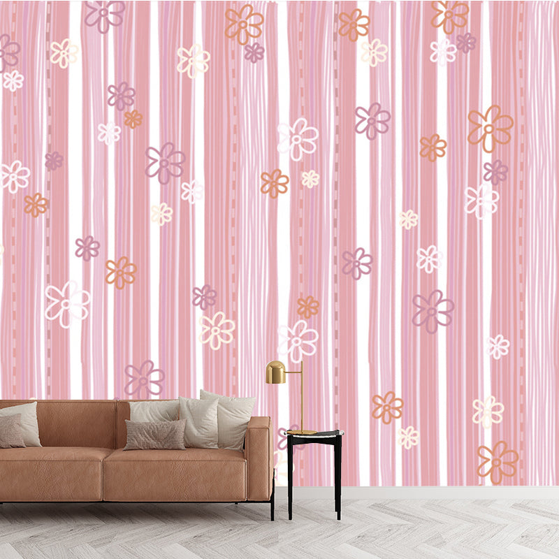 Cartoon Flower Striped Wall Murals Pink Water-Proof Wall Covering for Kids Bedroom