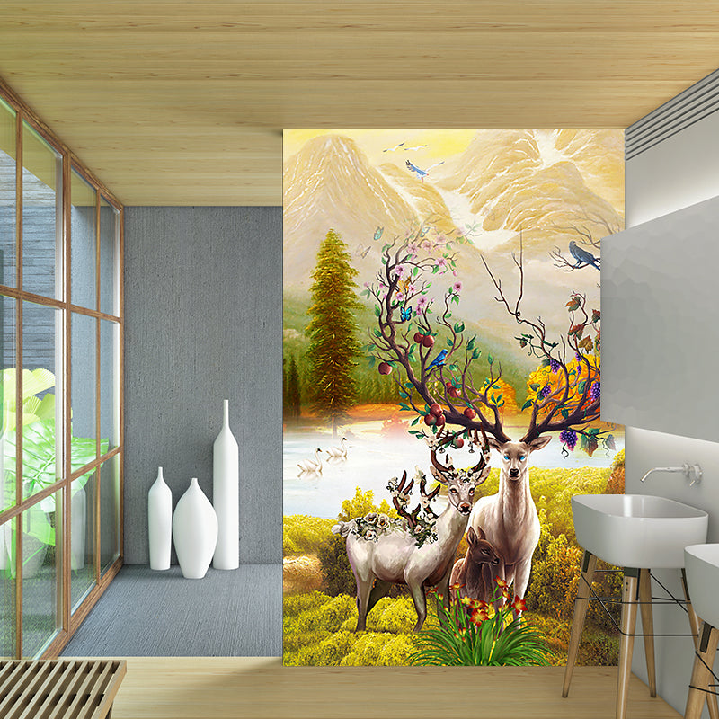 Deer in Sunrise Mountain Mural Yellow-Green Childrens Art Wall Covering for Bedroom