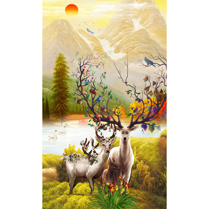 Deer in Sunrise Mountain Mural Yellow-Green Childrens Art Wall Covering for Bedroom