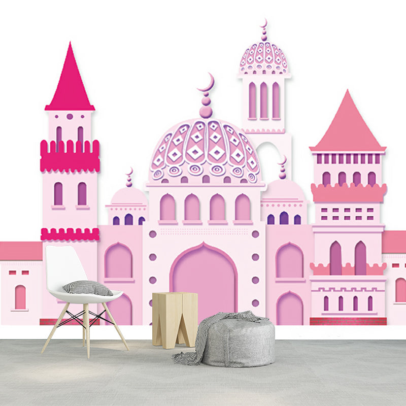 Pink Castle Wall Paper Murals Cartoon Fantasy Stain Resistant Wall Art for Girls Bedroom