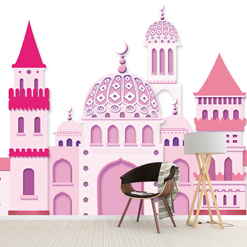 Pink Castle Wall Paper Murals Cartoon Fantasy Stain Resistant Wall Art for Girls Bedroom