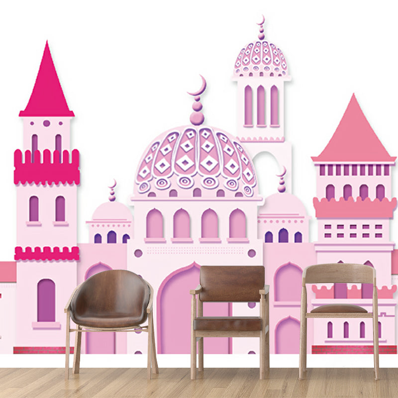 Pink Castle Wall Paper Murals Cartoon Fantasy Stain Resistant Wall Art for Girls Bedroom