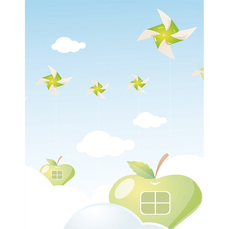 Cartoon Sky Apple House Murals for Kids Bedroom Full-Size Wall Decor in Blue-Green