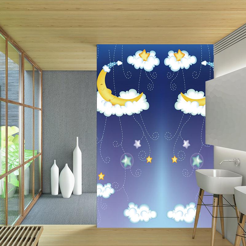 Cartoon Kids Wallpaper Murals with Moon-Star on Cloud Bed Pattern Yellow and Blue Wall Art