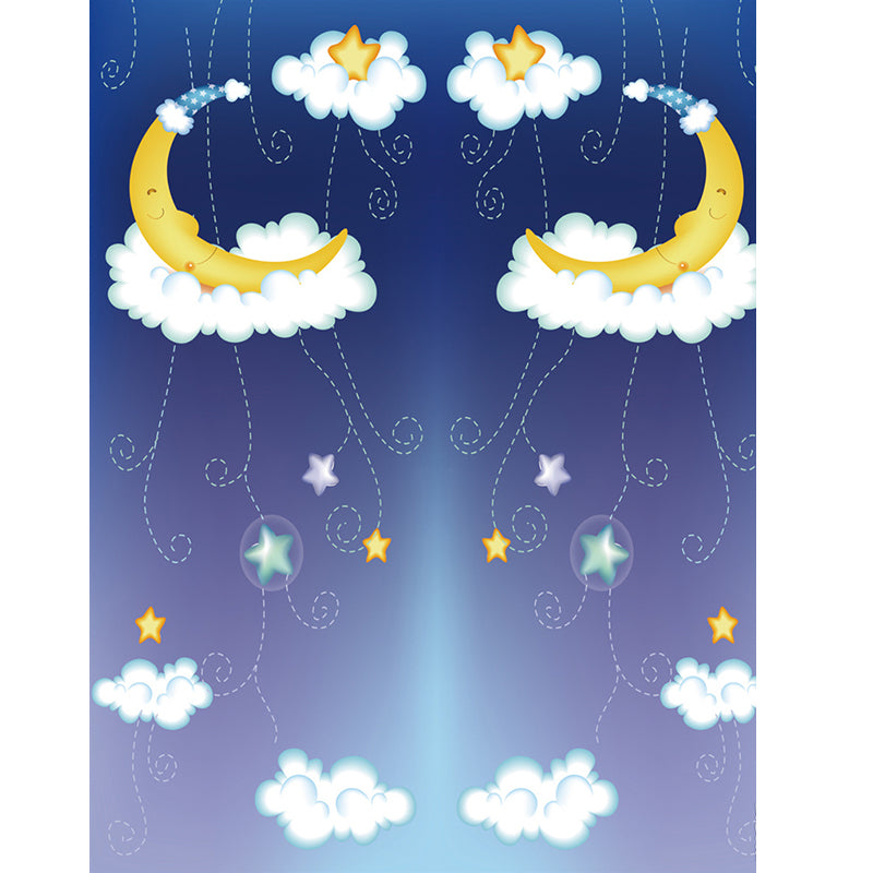 Cartoon Kids Wallpaper Murals with Moon-Star on Cloud Bed Pattern Yellow and Blue Wall Art