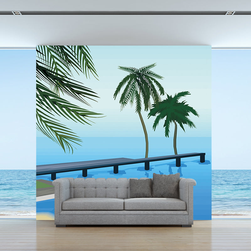 Seashore Palm Tree Wall Murals Blue-Green Tropical Wall Covering for Living Room