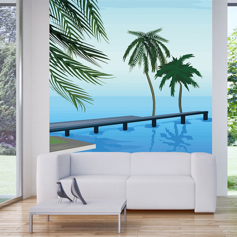 Seashore Palm Tree Wall Murals Blue-Green Tropical Wall Covering for Living Room